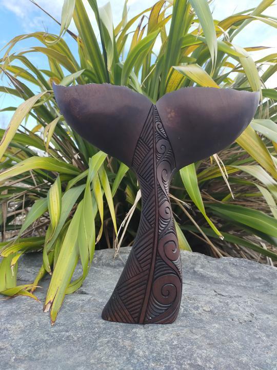 Wooden Carved Whale Tail from Pacific Jewel - Southern Paua New Zealand